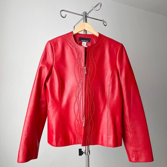 🍂 Y2K Vintage Red Fitted Minimalist Boxy Biker Genuine Leather Jacket - Picture 1 of 8